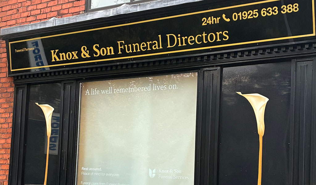 Funeral home front facade for Knox and Son Warrington